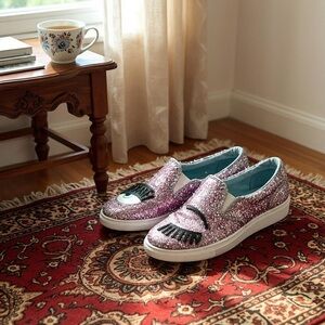 Chiara Ferragni Sz 37 Pink Glitter Eye Slip-On Sneakers Leather Made in Italy